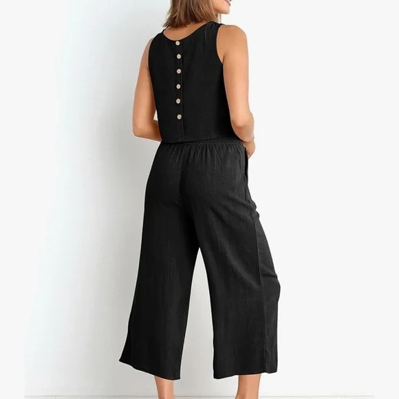 ANRABESS Summer 2 Piece Outfits Sleeveless Crop Top Black Wide Leg Pants Linen M - Picture 7 of 14
